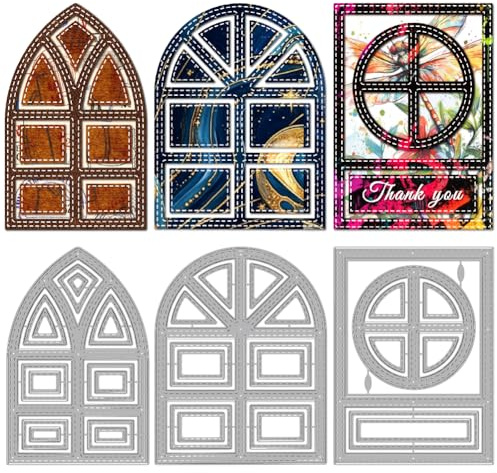 MAYJOYDIY Window Frame Die Cut Set, Geometric Photo Frames Metal Cutting Dies, Vintage Style Window Door Templates for Card Making, Paper Crafts, Scrapbooking Party Photo Album Decoration