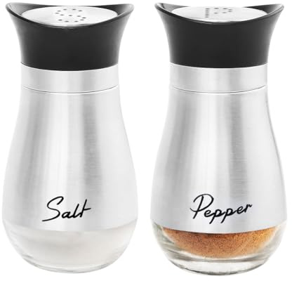 FEYIUBMEN Salt- och pepparströarset, 2 stycken, 4 modeller (svart, vit, silverfärgad, svart + vit), 6 × 6 × 11,2 cm, saltströare av glasflaska och rostfritt stål (silverfärger)