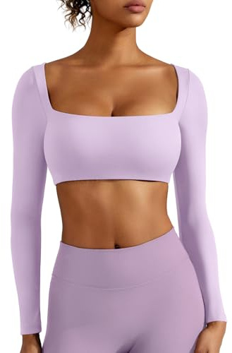 ZAAYO Långärmad crop top damer gym topp damer med inbyggd bh basic t-shirt sport toppar damer med fyrkantig hals, Ljusviolett, XL
