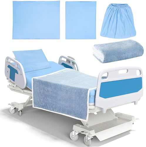TESIN Set di lenzuola da ospedale, 4 pezzi, morbide lenzuola standard in maglia di qualità, include lenzuolo con angoli, federa, copripiumino e coperta (blu)