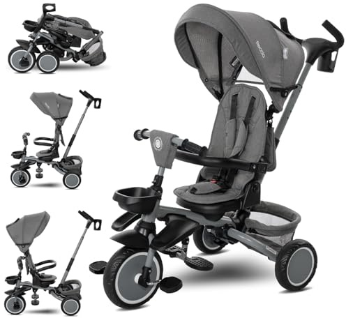 Lorelli Dreirad Freccia ab 1 Jahr mit Schubstange, Sicherheitsgurt, 360 drehbar, Tricycle, Verstellbarer Elterngriff, Freilaufrad Funktion, Getränkehalter, Spielzeugkorb, Grau