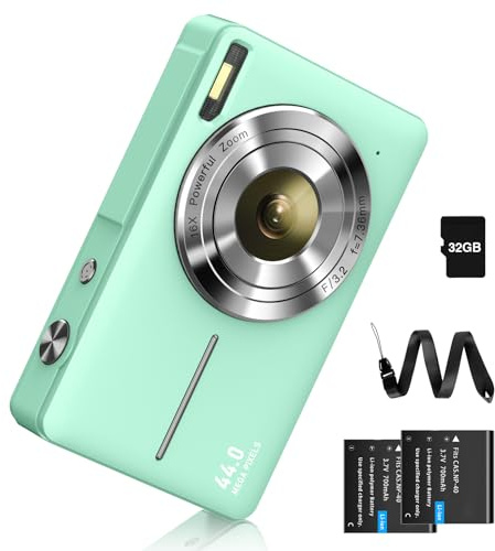 Digitalkamera 44MP Fotokamera FHD 1080P Fotoapparat mit 32G Karte 16X Digitalzoom Digital Kamera mit Batterie Tragbare Einfache Digitalkamera für Kinder Student Teenager Anfänger Senioren (Grün)