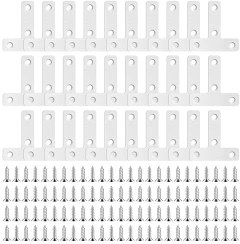 BEASAFY 30 conectores planos de acero inoxidable, conector en forma de T, ángulo de esquina, soporte con 100 tornillos para muebles de madera, armario, mesa, silla