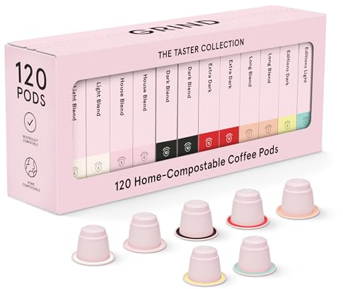 Grind Taster Coffee Pod Collection – 120 Biodegradable Capsules – Amazon Exlcusive – 100% Arabica – Compatible with Nespresso® Original Machines – Specialty Coffee – Home Compostable – Gift Set