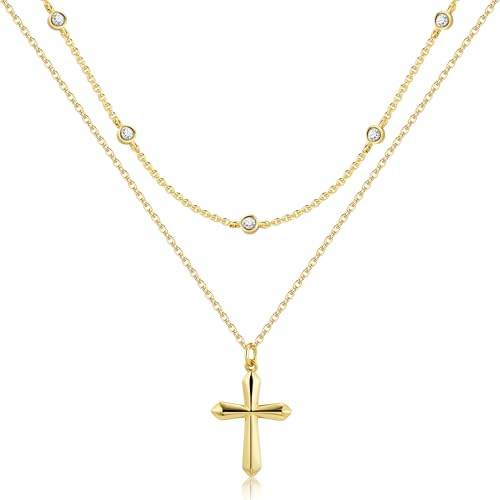 ALEXCRAFT 14K Vergoldet Layered Kette 2in1 Silber Zirkonia Halskette Damen | Verstellbares Doppel Stapelbare 2 Layered Kette mit Zirkonia Anhänger Halskette Boho Layering Schmuck Ketten Damen Frauen