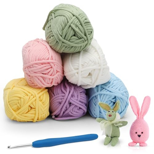 RANJIMA Chunky Häkelgarn für Anfänger, Häkelgarn Baumwolle Häkelwolle Chenille Wolle zum Häkeln 6 x 50g Häkelwolle mit Häkelnadel 4mm, Baumwoll-Nylon-Garn für Anfänger zum Häkeln und Stricken