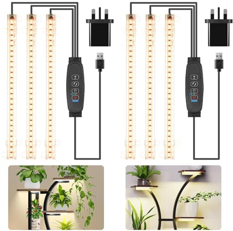 8.6'' LED Grow Light Strips, Full Spectrum 3500K Grow Lights for Indoor Plants, 3 Head with 3/9/12H Timer, 10 Dimmable Levels, Suitable for Seedling, Succulent and Plant Shelf, 2-Pack