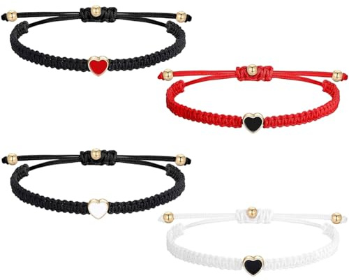 SYEYCW 4 Piezas Juego de Pulseras con Forma de Corazón, Pulseras Trenzada Hecha a Mano, Cuerda Tejida de Amistad Ajustable, Regalo de Cuerda para Parejas, Amistades, Cumpleaños, Novia, Familia
