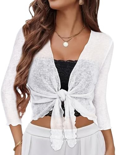 Women Bolero Shrug Tie Front Cardigan for Dress Sheer Tops,Pure White,L