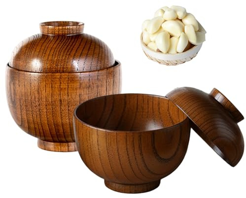 Lawnrden Ciotole per zuppa di Miso | Ciotole per zuppa di Miso 2 Pezzi in Legno Rustico con Struttura Naturale con coperchi per Cibo, Riso, tè, Decorazioni