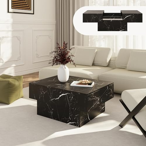 [en.casa] Mesa de Centro Lens Mesa Baja Rectangular con Tablero Extensible y 2 Compartimentos Internos Mueble Auxiliar Mesita para Salón MDF 80 x 60 x 36 cm - Efecto Mármol Negro