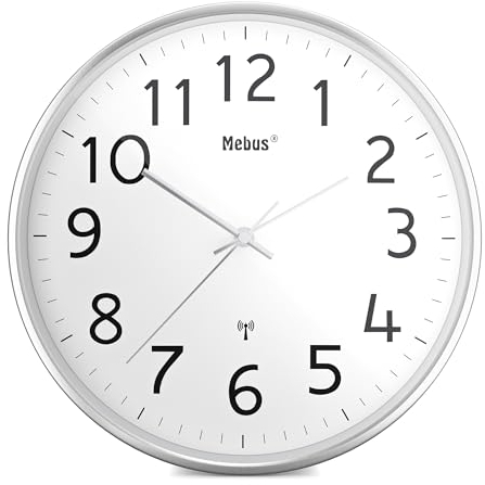 Mebus Moderne Funk-Wanduhr mit Metallgehäuse in Silber Modell 52680