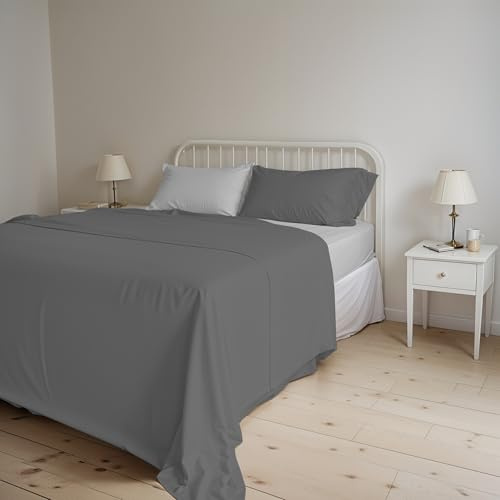Italian Bed Linen Juego de sábanas Natural Color Plana 150x300, Hoja instalada 90x200cm+Funda 52x82cm, Petroleo/Verde Botella, Gris Claro, 150 x 200 cm
