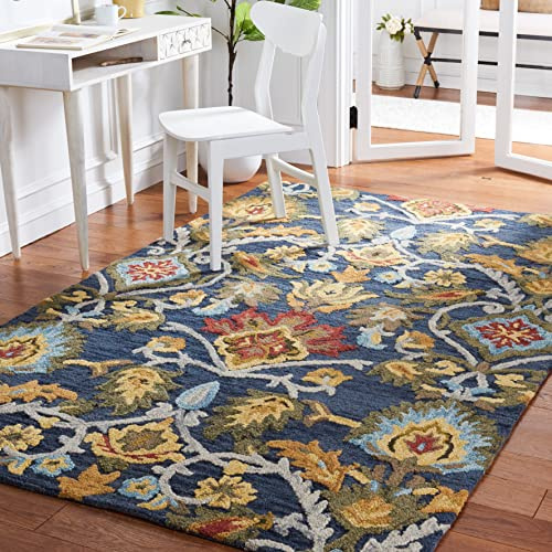 SAFAVIEH Blossom Collection Area Rug - 6' x 9', Navy & Multi, Handmade Wool, Ideal for High Traffic Areas in Living Room, Bedroom (BLM402A)