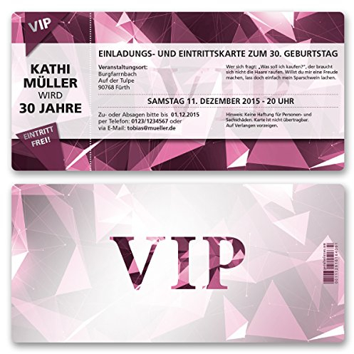 (40 x) Einladungskarten Geburtstag VIP Party Edel Pink Lila Ticket Einladungen