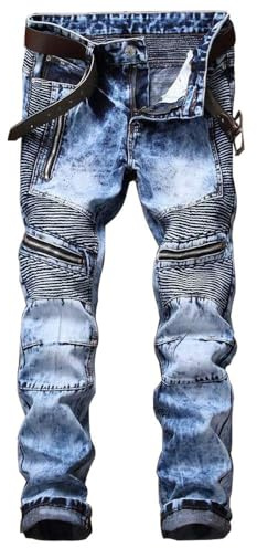 AITITIA Men's Biker Zipper Deco Washed Straight Fit Jeans (40, 002 Light Blue)