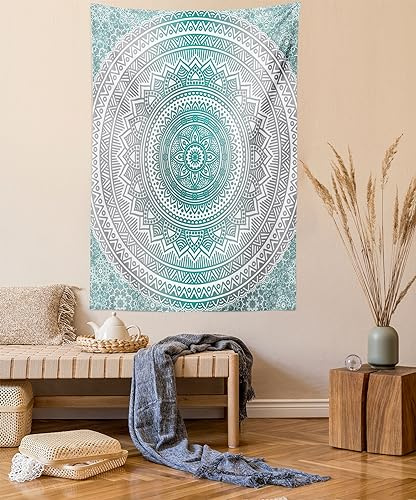 ABAKUHAUS Mandala Wandteppich, Boho Meditation Art Work aus Weiches Mikrofaser Stoff Waschbar ohne Verblassen Digitaldruck, 150 x 110 cm,Grau Teal
