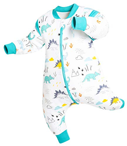 Chilsuessy Baby Ganzejahres Schlafsack mit Füßen, 1.5 Tog Doppelschicht 100% Bio Baumwolle,Kleine Kinder Schlafsack mit Beinen,Mit Abnehmbare Ärmel, Dinosaurierpark, 90/Baby Höhe 100-110cm