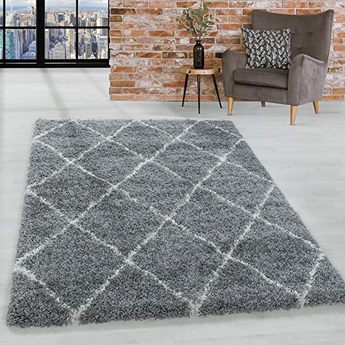 HomebyHome Shaggy Teppich Wohnzimmer 240 x 340 cm - Hochflor Teppich Skandi Rauten Grau Extra Weich und Flauschig - Bettvorleger Teppich für Schlafzimmer, Küchenläufer - Carpet, Halı, Kilim