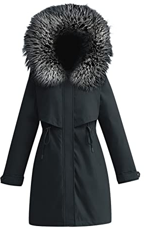 HHMY Parka para mujer de invierno – Chaqueta acolchada con capucha bolsillos con cremallera gruesa y cálida forrada de piel sintética, abrigo de invierno, cortavientos, M – 6XL, Negro , M