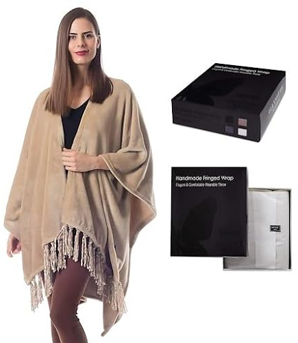 Travel Wrap for Women, Fleece Scarf for Women Airplane, Lightweigh and Warm Shawl with Fringes, this Blanket Scarf Makes a Great Gift for Mom - Beige