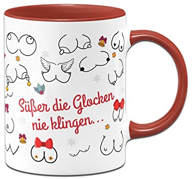 Tassenbrennerei Original - Busen Weihnachtstasse mit Spruch Süßer die Glocken nie klingen (Rundumdruck) - Tasse, Kaffeetasse lustig (Rot)