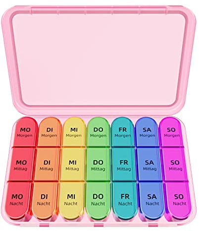 Pillenbox 7 Tage 3 Fächer, Tablettenbox 7 Tage Morgens Mittags Abends, Deutsch Pillendose 7 Tage für Eine Woche Pillendose, 21 Fächer Medikamentenbox (Rosa Gehäuse)