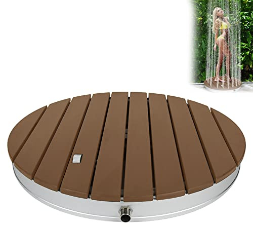 UISEBRT Ducha de jardín exterior de WPC y aluminio, ducha móvil de suelo solar, ducha de camping, altura de fuente ajustable hasta 4 m, para piscina, jardín, terraza (redonda - marrón)
