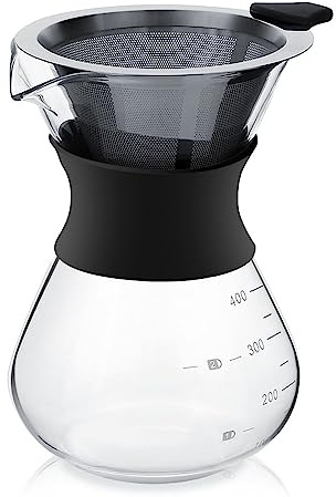 Pour Over Coffee Maker, Glass Coffee Maker Pot with Reusable Stainless Steel Drip Filter, Heat Proof Coffee Dripper Brewer
