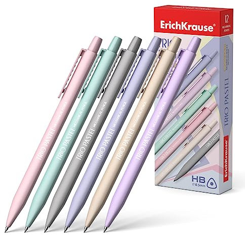 Erich Krause Druckbleistift HB 0,5mm Pastell mit Radiergummi 12 Stück - Bleistift für Büro Schule und Hobby - Minenstift zum Zeichnen Skizzieren Schreiben