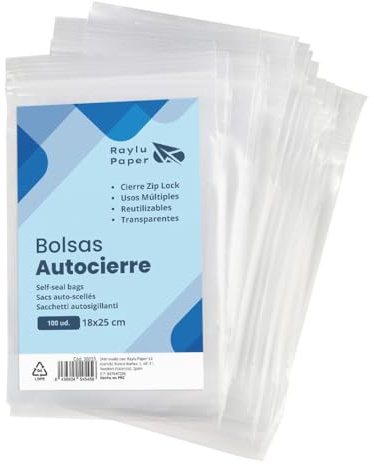 Raylu Paper - Sachets Plastiques Transparents Zip, Pack De 100 Sacs en Plastique Transparent Refermables pour stoker la Nourriture et Autres Objets, Usages Multiples (18 x 25 cm)
