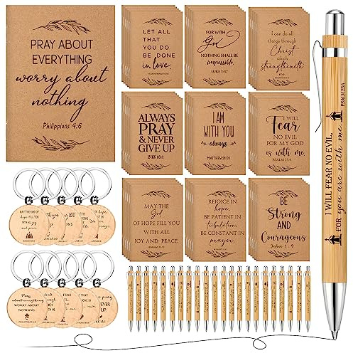 Seajan 60 Sets christliche Geschenke Bulk, Notizbücher mit Bibelvers und Bambusstiften mit Holz-Schlüsselanhängern, religiöse, inspirierende Geschenke für Ostern, Muttertag, Vatertag, Kirche