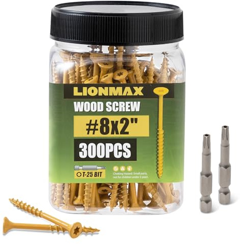 LIONMAX Deck Screws 2 Inch, Wood Screws #8 x 2, 300 PCS, Rust Resistant, Exterior Epoxy Coated, Outdoor Decking Screws, Torx/Star Drive Head Screw, T25 Star Bit Included, Tan