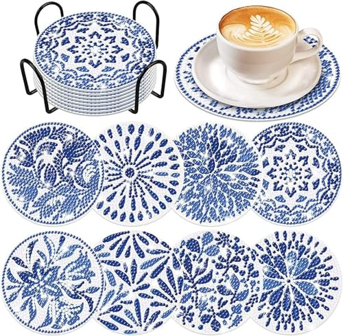 Diamond Painting Untersetzer DIY 8er Set Erwachsene Diamant-Malsets mit Halter 5D Diamond Painting Kinder Art,Basteln Erwachsene Kreativ Set fur Tassen,Vasen,Kerzen
