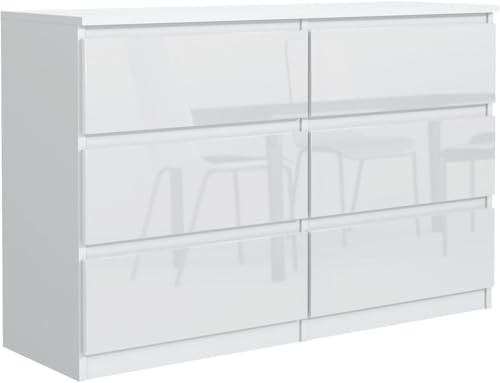 meble masztalerz Kommode 140, 6 Schublade, Weiß mit Hochglanz Fronte | Kommodenschrank 138, 5x101, 5x39 cm, Moderne Schubladenschrank, Sideboard für Wohnzimmer, Flur & Schlafzimmer