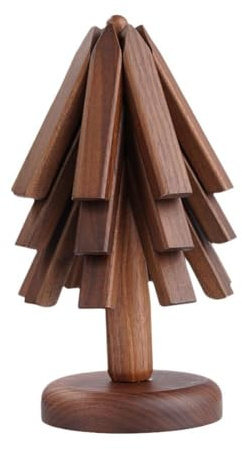 Dessous de plat en forme d'arbre - Dessous de plat en bois pour plats chauds - Tapis isolant en noyer noir - Dessous de plat pliable - Cadeau pour Noël et pendaison de crémaillère