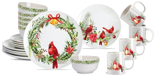 Zhehao Weihnachtliches Kardinal-Geschirr-Set, Winter-Medley, Keramik, Geschirr, Dessertteller, festliche Kollektion, Teller, Keramikschale, Tasse für Urlaub, Dinner-Party, Service für 4 Personen, 16