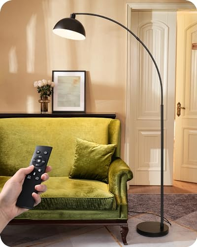 EDISHINE Modern Arc Floor Lamp, 78.3 Mid Century Standing Lamp Over Chair with Remote & Foot Switch, Rotatable Lamp Head, Metal Floor Lamps for Living Room, Bedroom, Office, Dining Room, Black