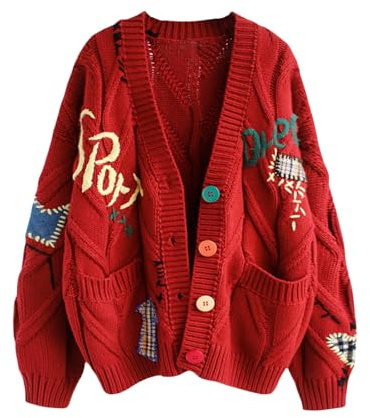 uSecee Womens Open Front Chunky Knitted Cardigans Slim Boyfriend Cardigan Sweaters Red