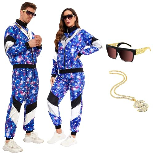 JONRRYIN 80s 90s Outfit Herren Damen, Kostüm 80s Tracksuit Disco Jacke und Hose, 90s Retro Anzug Jogging Anzug Unisex mit Halsketten Brille für Bad Taste Party, Karneval(M)