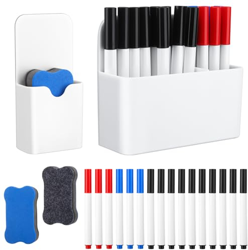 Yamitora Whiteboard Zubehör, 2 Stück Magnetischer Stifthalter mit 2 Stück Whiteboard Schwamm 16 Whiteboard Marker für Schule, Büro, Whiteboard, Kühlschrank(Weiß)
