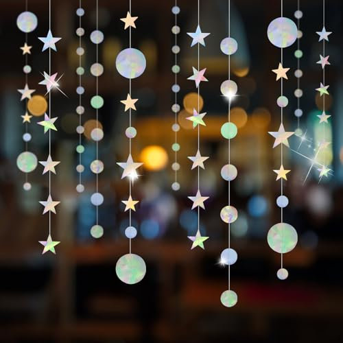 MOLENCO 39 Ft Hängenden Papier Girlande, Holographisch Regenbogen Rund und Stern Papiers Deko, Bunt Glitzer Papier Circle Dots Garland für Geburtstag, Hochzeit, Weihnachten Party Deko(4M x 3)