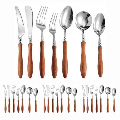 Manche En Bois Massif Cuisine En Acier Inoxydable Argenterie Vaisselle Couverts Ensemble De Couverts Couteau À Steak Fourchette Cuillère Cuillère À Café (28 pièces,B)