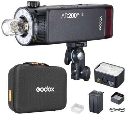 Godox AD200ProII Pocket Flash, Upgraded Flash Head with Modeling Lamp, Color Indicator and Screen, 200Ws 2.4G TTL Speedlite Outdoor Flash Strobe, 1/8000s HSS Monolight with Lithium Battery