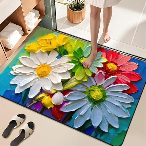 Absorbierende Kieselgur Badematten 80x120 cm Rutschfeste Badvorleger 3D Ölgemälde Bunt Blumen Pflanze Muster Badteppich Schnell Trocknend Leicht zu reinigen Duschmatte Fußmatte für Badezimmer Küche