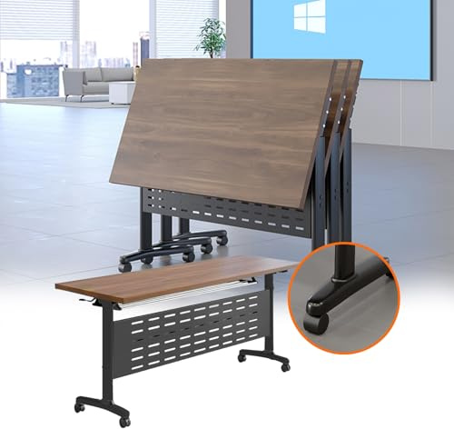 Tavolo da conferenza mobile con gambe in acciaio inox e piano in legno su ruote, ideale per studio, lavoro, esport, ufficio, allenamento e riunioni, finitura noce scuro (47 x 16)