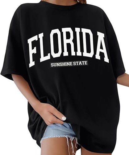 Lonya Tee Shirt Femme Oversize à Col Rond Manches Courtes Florida Imprimé De Lettres Grande Taille Haut Femme D'été Décontracté Tshirt Long Tunique Casual Loose Créatives Coton, Noir, M