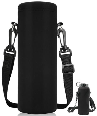 1er-Pack schwarze Wasserflaschenhülle mit verstellbarem Schultergurt für 1-Liter-Edelstahl- und Plastikflaschen, isolierte Tasche mit Verbrühungsschutz zum Wandern, Laufen, Gehen und Trekking