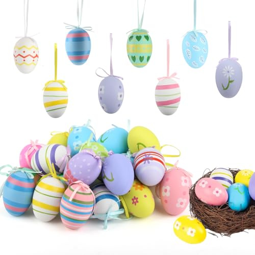 Xbessc 24 Stück Ostereier zum Aufhängen Bunte Ostereier Plastik 6 x 4 cm | Plastikeier zum Aufhängen für Draußen und Innen Kunststoff Osterdeko für Osterstrauchdeko Schule Zuhause Büro Partyzubehö