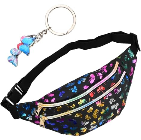 Wisebom Sac Banane pour Fille, Sac de Taille Femme Cuir PU, Sac Ceinture Multicolore avec Pendentif Papillon pour Enfants, Sacoche Banane Réglable pour Voyage Festival (Noir)